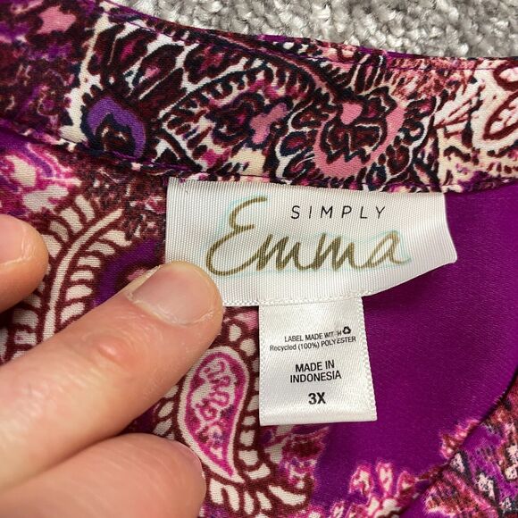 Simply Emma Blouse Top Womens 3X Purple Paisley Long Sleeve Roll Tab Shirt - Picture 3 of 8
